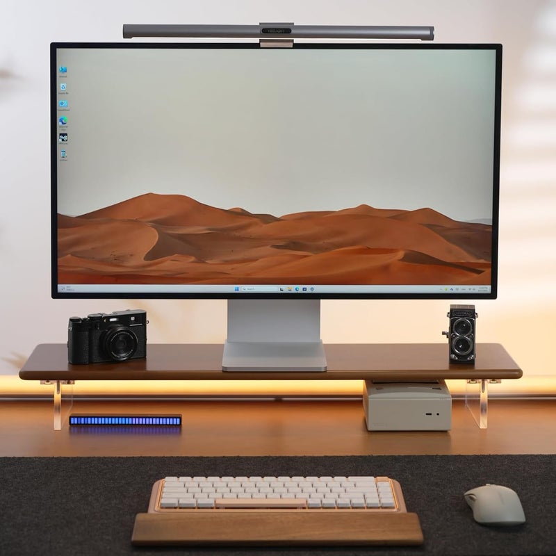 ROCDEER Bamboo Monitor Stand Riser with Acrylic Legs for Desk, 31.5 Inches Desktop Shelf Supports for PC Computer Monitor, Laptops, Printer, Speakers (Brown) - Image 4